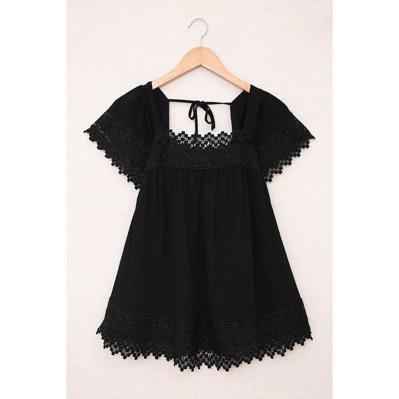 Azura Exchange  Black Lace Pom Pom Splicing Square Neck Blouse - Picture 5 of 7